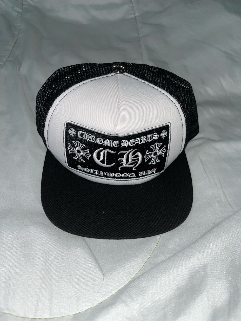 Chrome Hearts Black and White Logo Trucker Cap